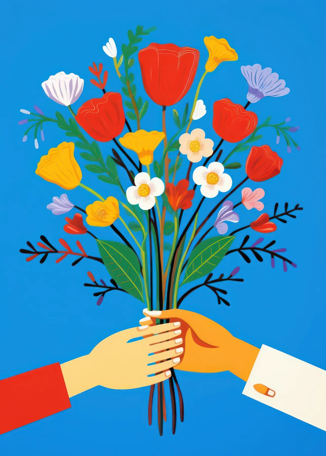 Bright digital bouquet held between two blue and coral sleeves