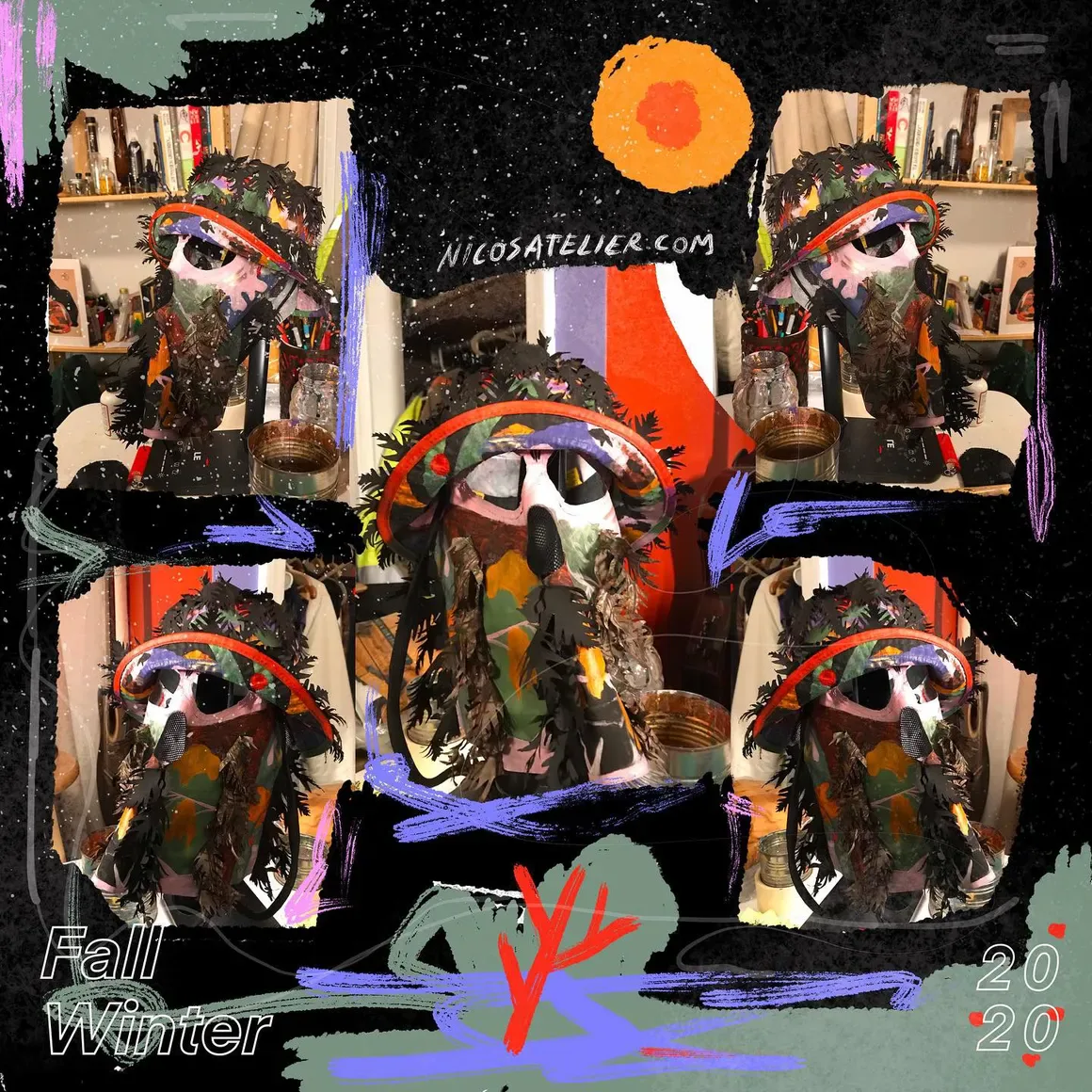 Layered mixed-media composition with repeated faces and gestural marks