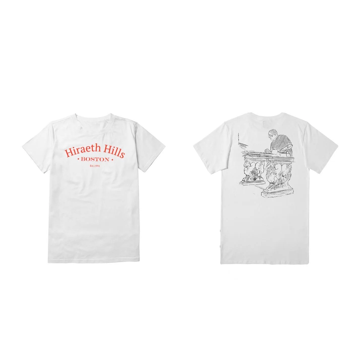 Two white shirts carrying Nico Belico artwork studies